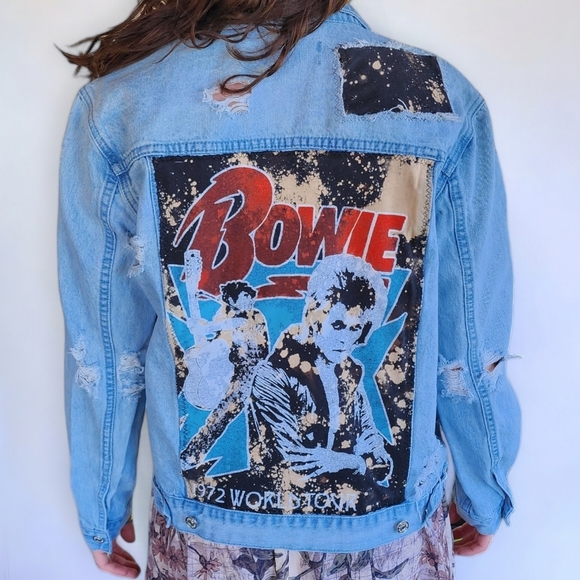 SOLD | Upcycled David Bowie Custom Denim Jean Jacket Distressed Bleached M - Picture 4 of 15
